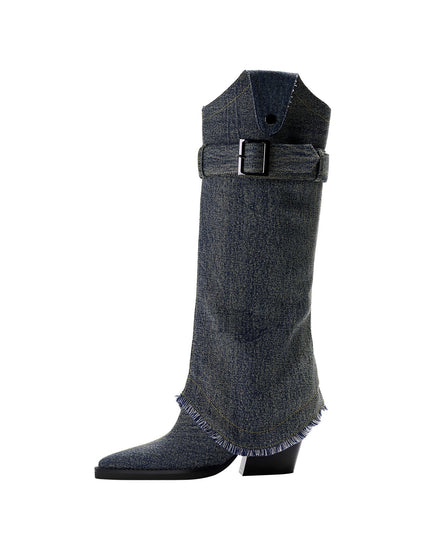 Denim Buckle Foldover Knee High Boots-0