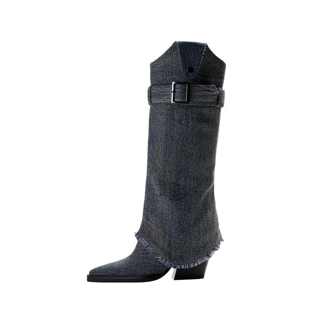 Denim Buckle Foldover Knee High Boots-0