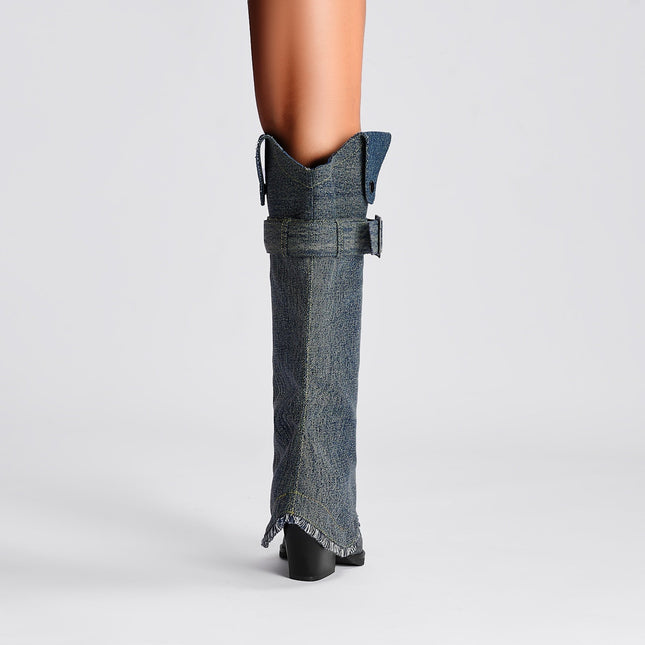 Denim Buckle Foldover Knee High Boots-1