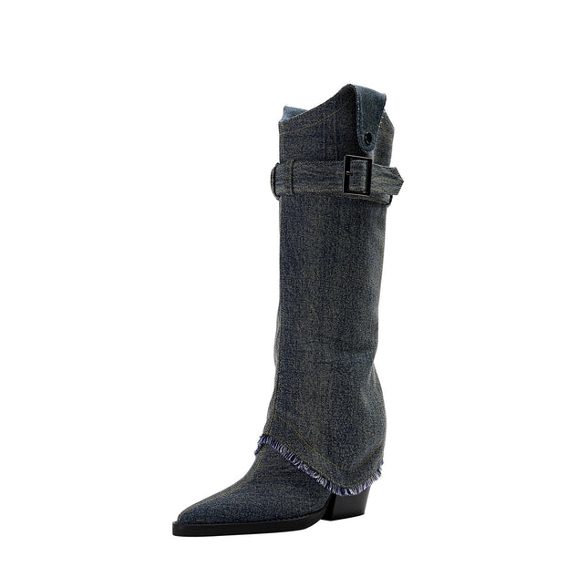 Denim Buckle Foldover Knee High Boots-2