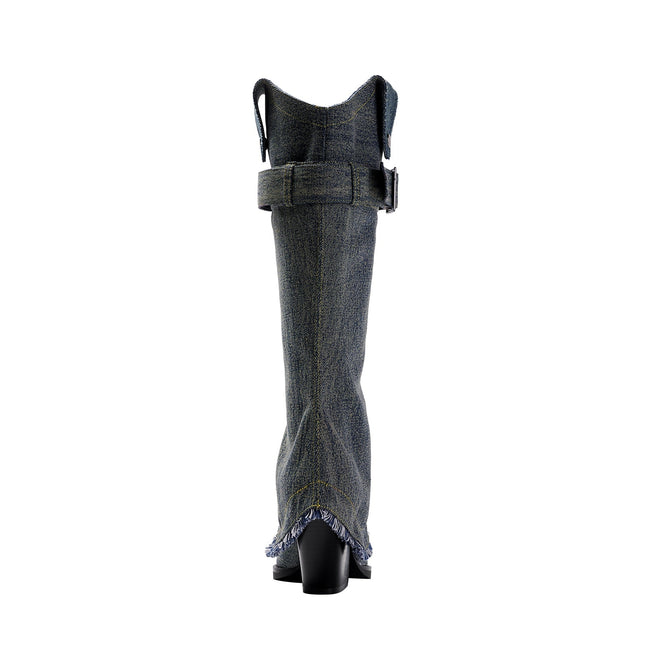 Denim Buckle Foldover Knee High Boots-3