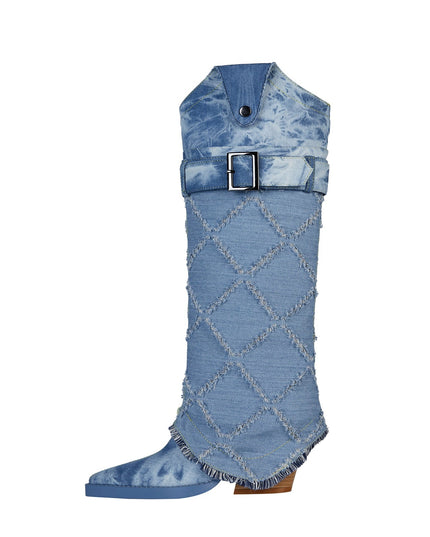 Diamond Denim Blue Knee High Boots-0