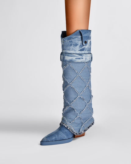Diamond Denim Blue Knee High Boots-1