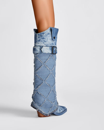 Diamond Denim Blue Knee High Boots-2