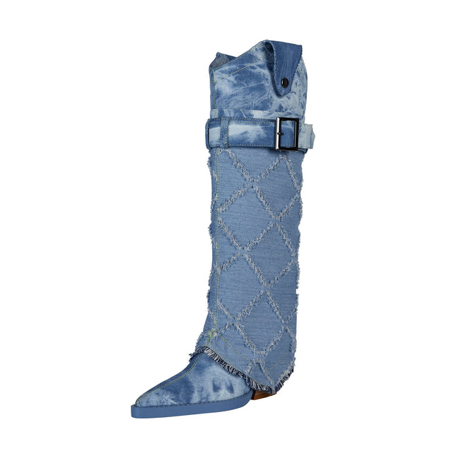 Diamond Denim Blue Knee High Boots-3