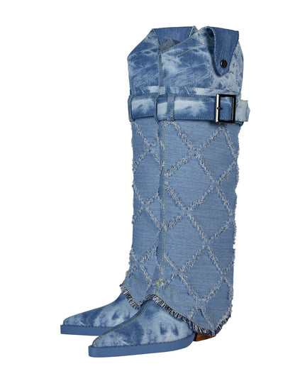 Diamond Denim Blue Knee High Boots-4