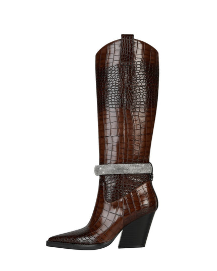 Diamond Encrusted Band Leather Knee High Boots-0