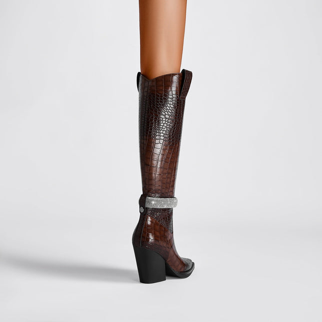 Diamond Encrusted Band Leather Knee High Boots-1
