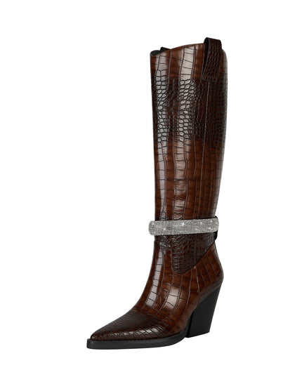 Diamond Encrusted Band Leather Knee High Boots-2