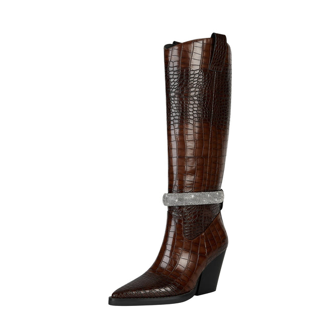 Diamond Encrusted Band Leather Knee High Boots-2