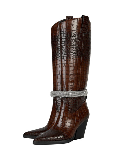 Diamond Encrusted Band Leather Knee High Boots-3