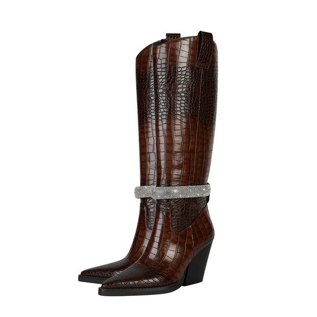 Diamond Encrusted Band Leather Knee High Boots-3