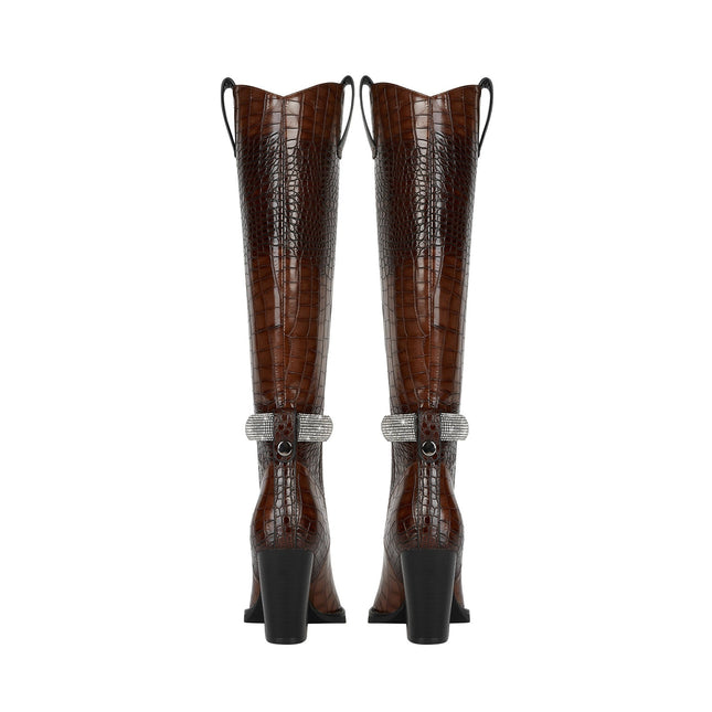 Diamond Encrusted Band Leather Knee High Boots-4