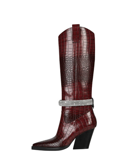 Diamond Encrusted Band Leather Knee High Boots-5