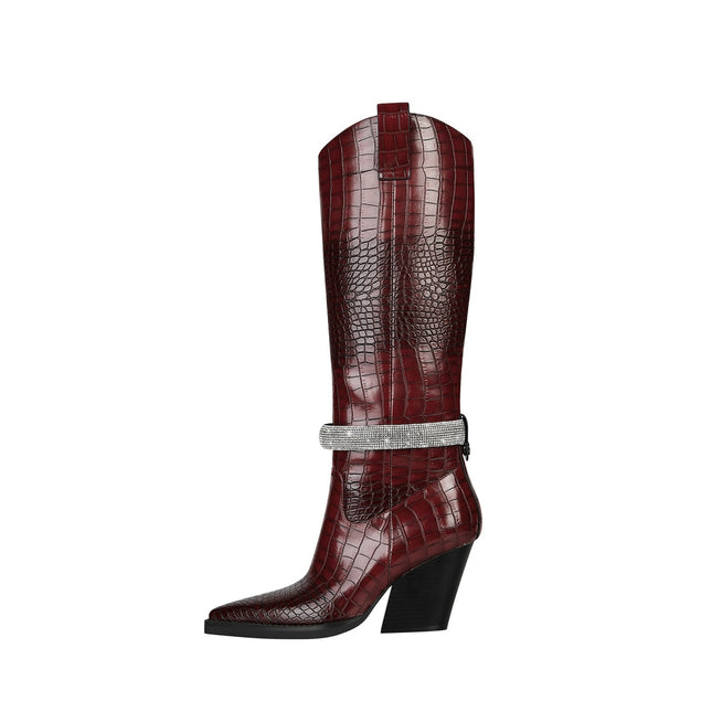Diamond Encrusted Band Leather Knee High Boots-5