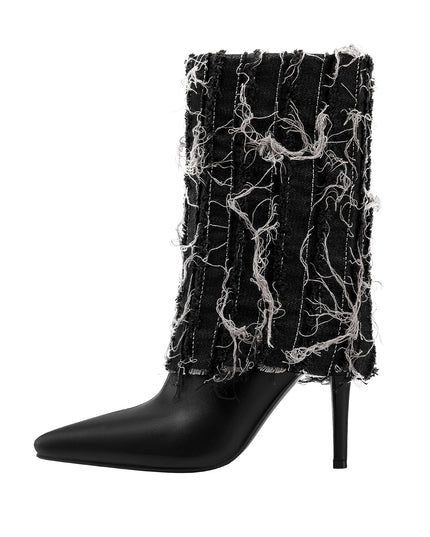 Distressed Denim Fold Over Leather Mid Calf Boots-0