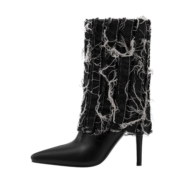 Distressed Denim Fold Over Leather Mid Calf Boots-0