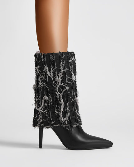 Distressed Denim Fold Over Leather Mid Calf Boots-1