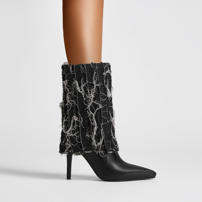 Distressed Denim Fold Over Leather Mid Calf Boots-1
