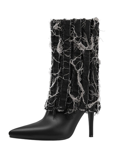 Distressed Denim Fold Over Leather Mid Calf Boots-2