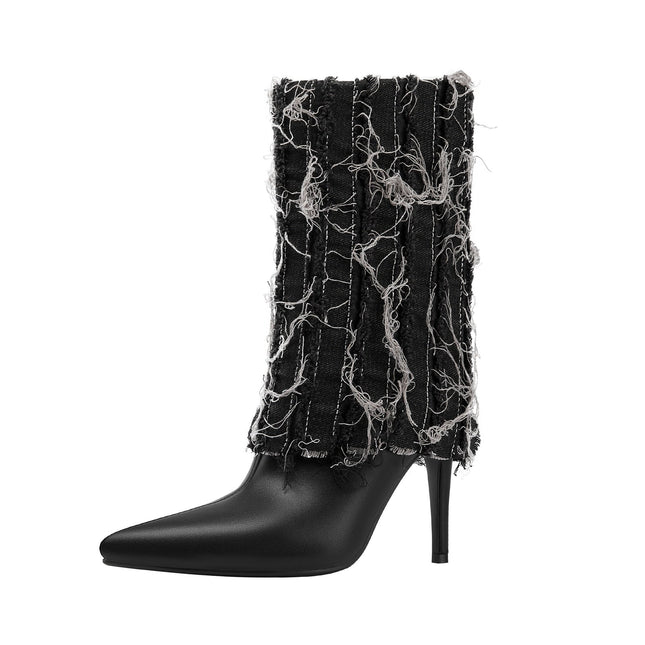Distressed Denim Fold Over Leather Mid Calf Boots-2