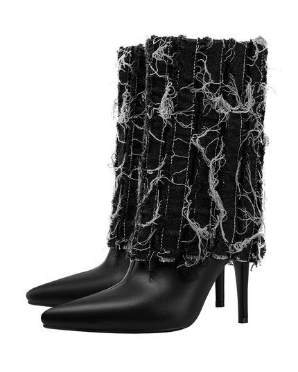 Distressed Denim Fold Over Leather Mid Calf Boots-3
