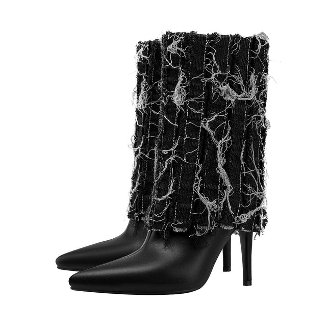 Distressed Denim Fold Over Leather Mid Calf Boots-3
