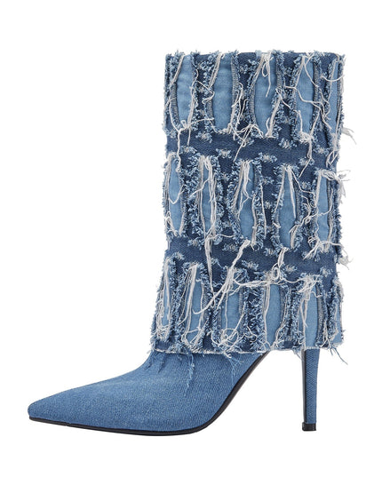 Distressed Denim Fold Over Leather Mid Calf Boots-5