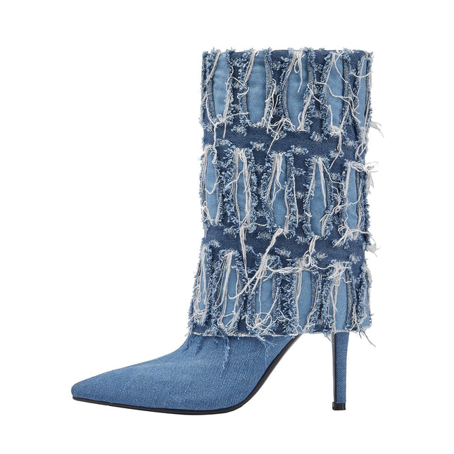 Distressed Denim Fold Over Leather Mid Calf Boots-5