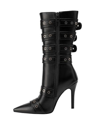 Dominatrix Leather Buckle Strappy Knee High Boots-0