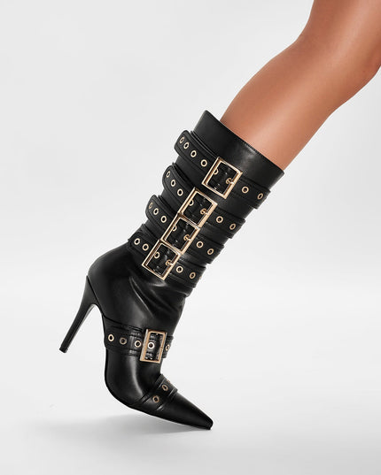 Dominatrix Leather Buckle Strappy Knee High Boots-1