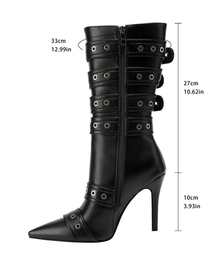 Dominatrix Leather Buckle Strappy Knee High Boots-3