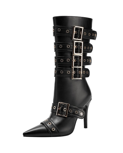 Dominatrix Leather Buckle Strappy Knee High Boots-4