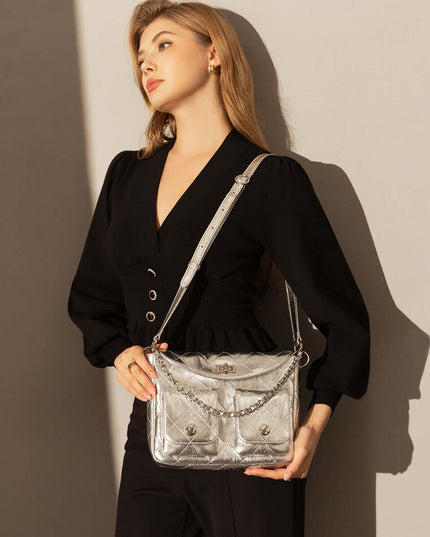 Double Top Handle Leather Bag with Detachable Shoulder Straps-5