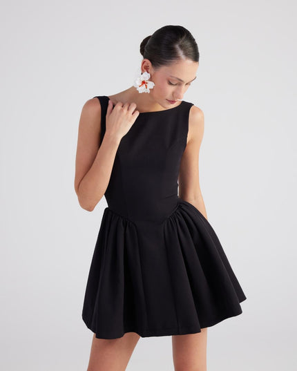 Alena Black Pleated Skirt Mini Dress-0