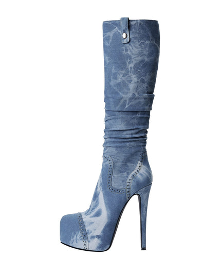 Elegant Pointed Toe Knee High Denim Stiletto Boots-0