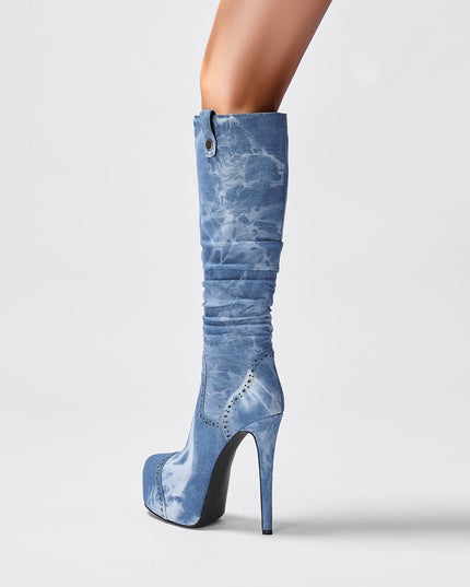 Elegant Pointed Toe Knee High Denim Stiletto Boots-1