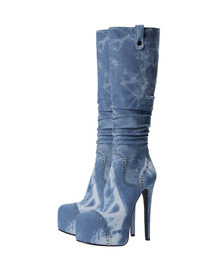 Elegant Pointed Toe Knee High Denim Stiletto Boots-3