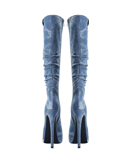Elegant Pointed Toe Knee High Denim Stiletto Boots-4