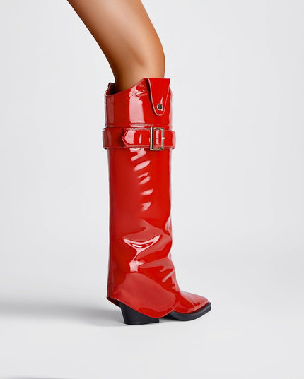 Fiery Red Pointed Toe Foldover Knee High Boots-2