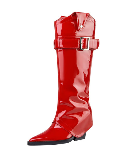 Fiery Red Pointed Toe Foldover Knee High Boots-3