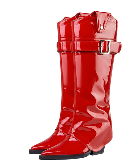 Fiery Red Pointed Toe Foldover Knee High Boots-4
