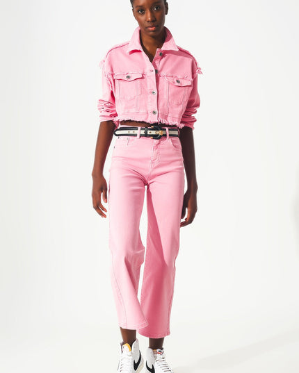 Cropped Denim Trucker Jacket in Pink-2
