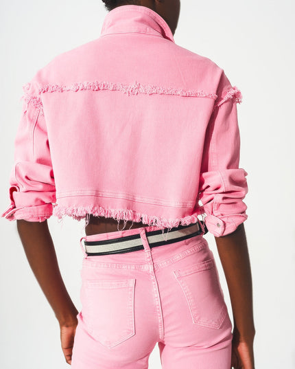 Cropped Denim Trucker Jacket in Pink-1