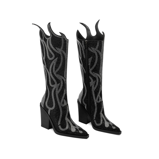 Flaming Hot Gem Encrusted Knee High Boots-3