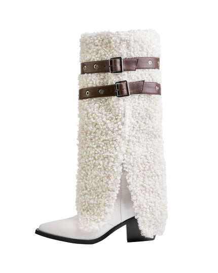 Fluffy White Panel Knee High Boots with Leather Buckles-0