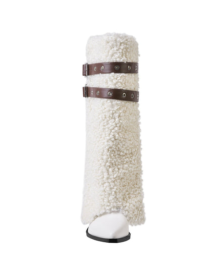 Fluffy White Panel Knee High Boots with Leather Buckles-1