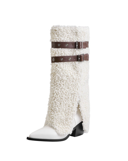 Fluffy White Panel Knee High Boots with Leather Buckles-2