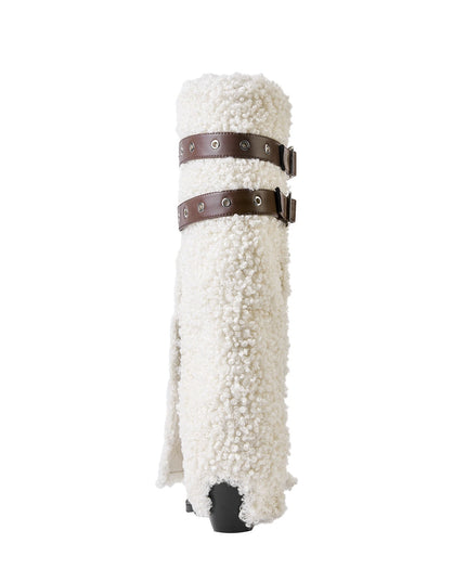 Fluffy White Panel Knee High Boots with Leather Buckles-3