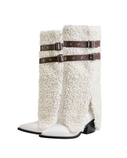 Fluffy White Panel Knee High Boots with Leather Buckles-4